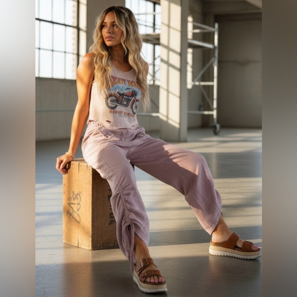 NWT Bluevelvet Cargo Pocket Tencel Side Ruched Mauve Cropped Pants - Picture 2 of 10